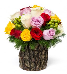 Doğal Ahşap Kütükte Karışık Gül Arajmanı